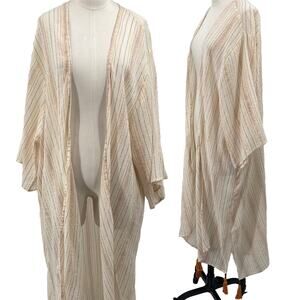 A la Plage Cover Up Kimono Oversize Beaded Tassel Hem Metallic Stripe Ivory S